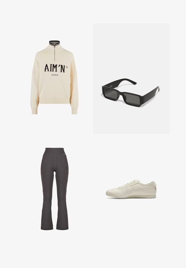 Crème trui met hoge hals en kwartrits, voorzien van zwart "AIM'N" logo en "SPORTSWEAR" tekst, geribbelde manchetten en onderrand, gebreide textuur.; Flared donkergrijze geribbelde leggings met hoge tailleband, gemaakt van rekbaar materiaal; gladde textuur met subtiele stiksels.; Beige sport schoenen met een soepele leren bovenkant, vetersluiting, getextureerde zool en subtiele logo-details aan de zijkant.; Zwarte zonnebril met rechthoekige lenzen, matte plastic montuur en rechte randen. Bevat het merkteken op de binnenarm.