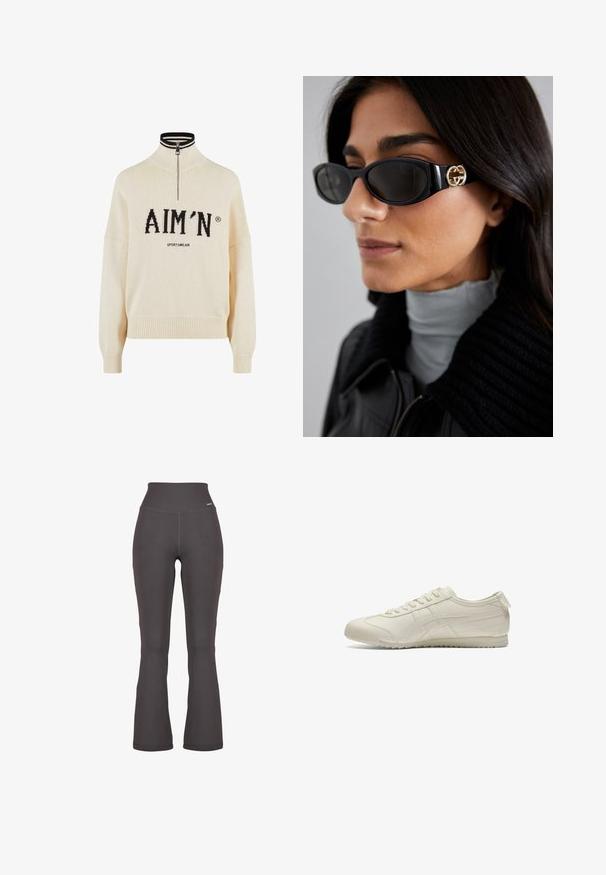 Krémový svetr s vysokým krkem a čtvrtinovým zipem, s černým logem "AIM'N" a textem "SPORTSWEAR", žebrované manžety a lem, pletená textura.; Světlé tmavě šedé žebrované legíny s vysokým pasem, vyrobené z pružného materiálu; hladká textura s jemnými švy.; Béžové sportovní boty s hladkým koženým svrškem, šněrováním, strukturovanou podrážkou a diskrétním logem na boku.; Černé sluneční brýle s elegantním obdélníkovým rámem a zlatým logem na boční straně. Tmavé čočky a lesklý povrch jsou výrazné.
