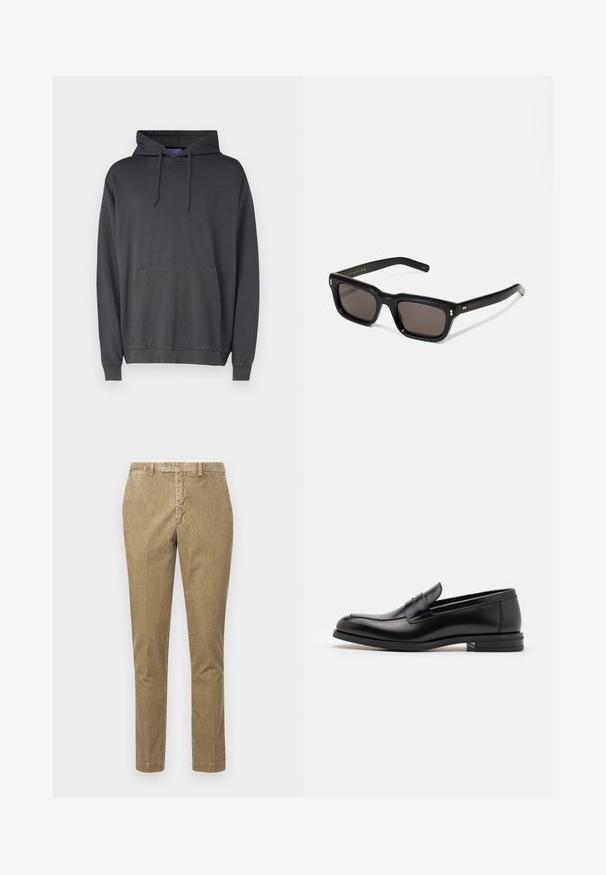 Šedá mikina z mäkkej tkaniny, s prednou vreckom typu "kangaroo", kapucňou so šnúrkami a rebrovanými manžetami a spodným lemom.; Béžové kordové nohavice s rovnýcm strihom, so zapínaním na gombík a prednými vreckami. Hladká textúra s viditeľným rebrovaným vzorom.; Čierne kožené mokasíny s hladkou textúrou, zaoblenou špičkou a dekoračným pásikom cez priehlavok. Nízky vrstvený opätok, minimalistický dizajn.; Čierne obdĺžnikové slnečné okuliare s tmavými sklami, hrubým plastovým rámom, zlatými detailami na spánkoch a vygravírovaným logom značky na ramene.