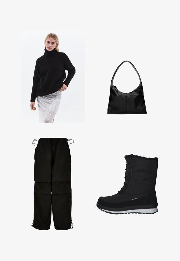 Sort turtleneck sweater lavet af tekstureret strikstof, med ribkantede manchetter og kant. Båret over en skinnende sølvfarvet paljet nederdel.; Sorte bukser lavet af letvægtsstof, med justerbar talje og snoretræk i bunden. Designet med en løs, oversized pasform og flere lommer.; CMP HARMA SNOW WP - Vinterstøvler - schwarz; Sort læder skuldertaske med en glat overflade, en buet top og en enkelt rem. Har lynlåslukning og minimalistisk design.