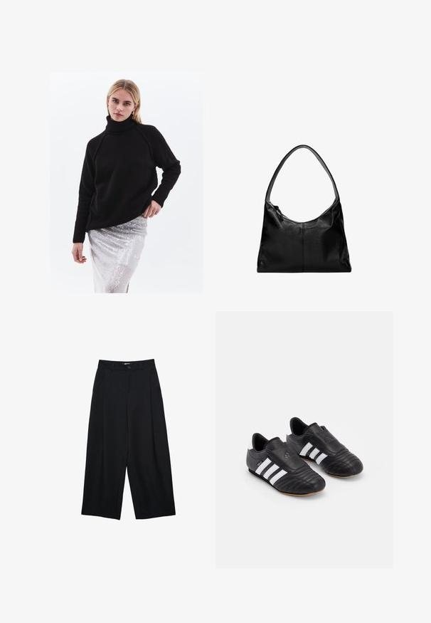 Czarny sweter z golfem wykonany z teksturowanej dzianiny, z prążkowanymi mankietami i dołem. Noszony na błyszczącej srebrnej spódnicy z cekinami.; Czarne spodnie typu wide-leg wykonane z gładkiego materiału, z zapięciem na guziki z przodu, plisami i bocznymi kieszeniami dla większej funkcjonalności.; Czarne buty piłkarskie z teksturowanej skórzanej cholewki, z wyściełanym przodem, trzema białymi paskami po bokach oraz gumową podeszwą.; Czarna skórzana torba na ramię o gładkiej fakturze, zaokrąglonym wierzchu i pojedynczym pasku. Posiada zamek błyskawiczny i minimalistyczny design.