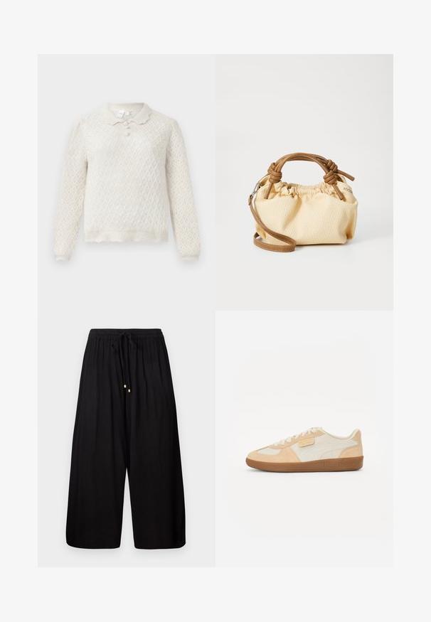Cream-colored knitted sweater with diamond pattern, long sleeves, scalloped hem, and three buttoned collar.; Black wide-leg pants made of a textured fabric. Features an elastic waistband with a drawstring and gold-tone accents at the ends.; Beige sneakers with a suede and leather upper, featuring a light cream panel, tan accents, and a textured gum rubber sole. Logo on the side.; Small, cream textured handbag with brown leather handles and a removable shoulder strap. Gathered design with visible stitching details.