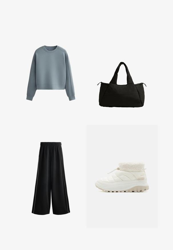 Afskåret sweatshirt i blødt, dæmpet blåt stof. Har lange ærmer, en rund hals og ribbede detaljer langs skuldre og manchetter.; Sorte brede bukser med elastisk talje, som har hvide sidebånd og en glat, letvægtsstof. Ideel til afslappet brug.; Hvid quilted ankelstøvle til midten af læggen med en krave af kunstpels, elastisk snørelukning og en tyk gummisål med dybe riller for bedre greb.; Sort tote bag med en puffet tekstur, der har to korte håndtag og en sidelomme, der er sikret med en snor. Enkel, kantet design.