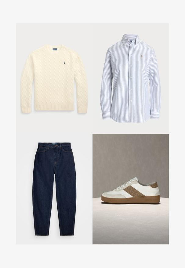 Kremfarget kabelstrikket genser laget av mykt materiale, med rund hals, ribbestrikkede mansjetter og nederkant, samt en liten blå logo på brystet.; Rutet knappeskjorte i lys blå og hvit. Har klassisk krage, lange ermer og en liten brodert logo på brystet.; Mørkeblå denimjeans med rett benpassform, med oransje sømmer, frontknappelukking og fem lommer.; Hvit joggesko med lyse beige semskede detaljer, mønstret sidestripe, rund tå, hvite lisser og brun gummisåle. Merking på hælen.