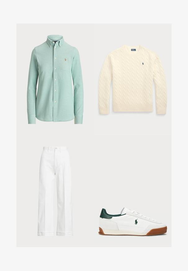 Cream cable-knit sweater made of soft material, featuring a round neck, ribbed cuffs and hem, with a small blue logo on the chest.; Light mint green long-sleeve button-up shirt, made of cotton blend, features a classic collar and a small embroidered logo on the chest.; White wide-leg trousers with a high waist, featuring a button closure and subtle stitching details. Made from cotton with a smooth texture.; White sneaker with green leather accents and a tan rubber sole. Features a fabric body and a prominent logo on the side. Laced design.