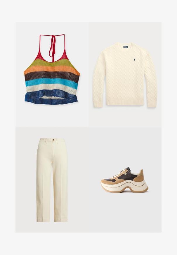 Cremfarbener Kabelstrickpullover aus weichem Material, mit Rundhalsausschnitt, gerippten Bündchen und Saum sowie einem kleinen blauen Logo auf der Brust.; Bunt gehäkeltes Crop-Top mit roten Trägern, das horizontale Streifen in Orange, Grün, Braun, Blau und Weiß aufweist. Rüschenabschluss.; Beige Baumwollhosen mit geradem Schnitt, einem Ein-Knopf-Verschluss und sichtbaren vorderen Falten. Saum sauber und ohne Muster.; Chunky-Sneaker mit dicker Sohle in Beige und Dunkelbraun mit Wildlederakzenten, weißen Schnürsenkeln und einem kleinen goldenen MK-Anhänger an der Seite.