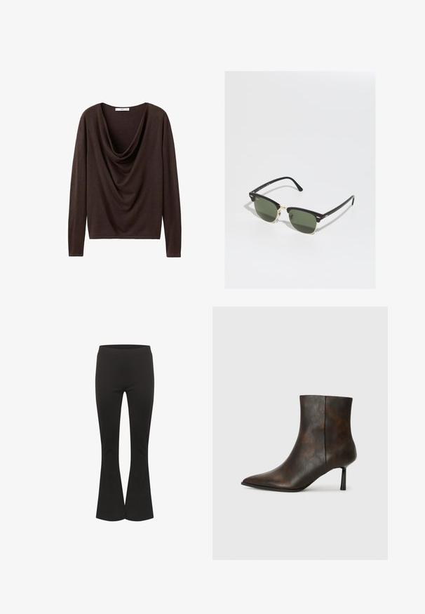 Rjava dolgosleča majica z drapirano ovratnico, izdelana iz mehke tkanine z gladko teksturo. Preprost dizajn, brez vidnih vzorcev ali okrasnih detajlov.; Črne široke hlače s prilegajočim pasom in gladkim materialom, prikazane pokončno na beli podlagi.; Rjave usnjene gležnjarje z ostrim nosom, elegantne zasnove in tankim črnim peto. Teksturirana površina z diskretnim vzorcem.; Črne in zlate sončne očala z zelenimi lečami, v obliki mačjih oči, z kovinskimi detajli in teksturiranim okvirjem.