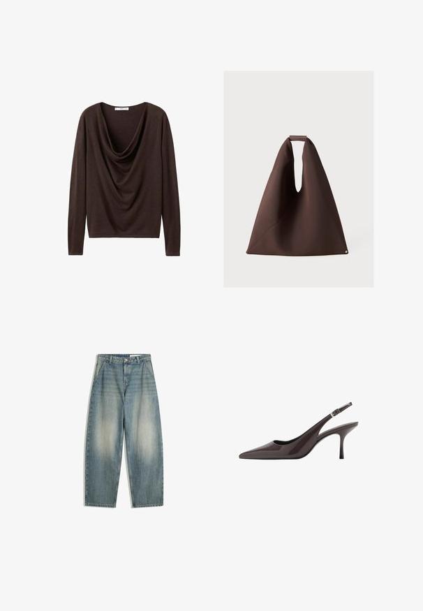 Maglietta marrone a maniche lunghe con scollatura drappeggiata, realizzata in tessuto morbido e dalla consistenza liscia. Design semplice, senza motivi o decorazioni visibili.; Jeans larghi blu sbiaditi con tasche frontali, passanti per cintura, chiusura con zip e bottone, distesi su uno sfondo bianco.; Décolleté con cinturino in pelle brillante marrone scuro, caratterizzate da un tacco alto e sottile e una cinghia alla caviglia regolabile con fibbia.; Borsa a tracolla in tessuto marrone con una forma unica, dotata di un'ampia apertura, superficie testurizzata e un piccolo accento circolare alla base.