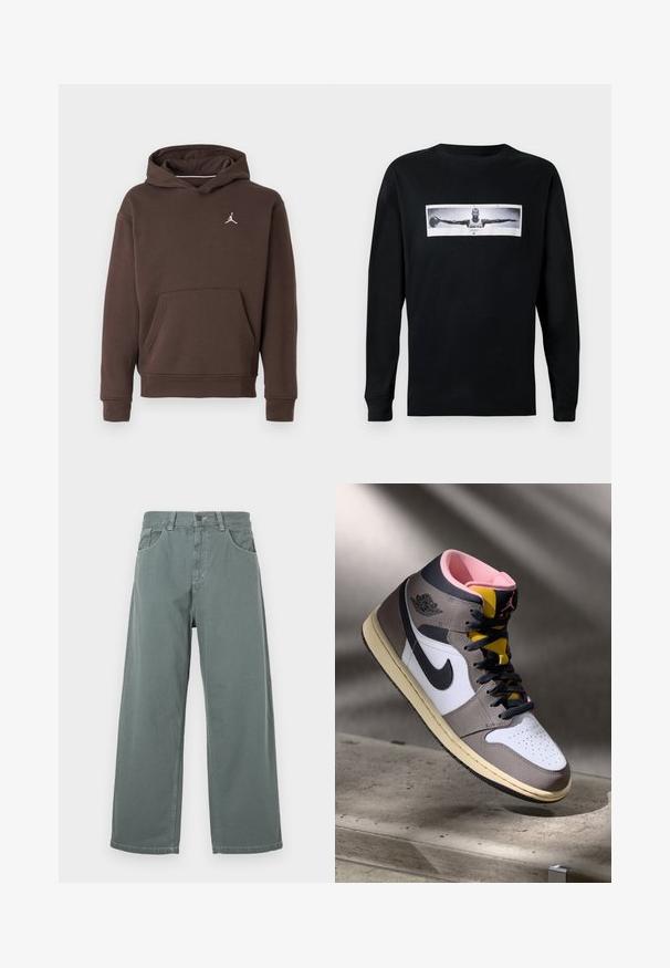 Ruskea huppari, jossa on edessä kengurupussitasku ja pieni valkoinen Jumpman-logo rinnassa.; Musta pitkähihais T-paita, jonka etuosassa on graafinen kuva, jossa on henkilö mustavalkoisessa valokuvassa, kädet ojennettuna; pyöreä kaula-aukko.; Valkoiset lahkeet vaaleanvihreästä puuvillasta, joissa on perinteinen vyötärö, vyölenkit, etutaskut ja erottuvat ompelu yksityiskohdat.; Korkeavartiset Nike Air Jordan -lenkkarit valkoisena, harmaana ja mustana vaaleanpunaisella sisäosalla ja keltaisella kielillä, asetettuna betonipinnalle.