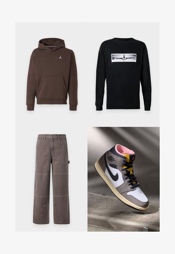Brown hooded sweatshirt with front kangaroo pocket and small white Jumpman logo on chest.; Black long-sleeve t-shirt with a front graphic that features a figure in a black-and-white photo with arms outstretched; crew neck design.; Wide-leg trousers in a faded brown color, made of durable fabric with contrasting stitching. Features panel detailing and a side pocket.; High-top Nike Air Jordan sneaker in white, grey, and black with pink interior and yellow tongue, positioned on a concrete surface.