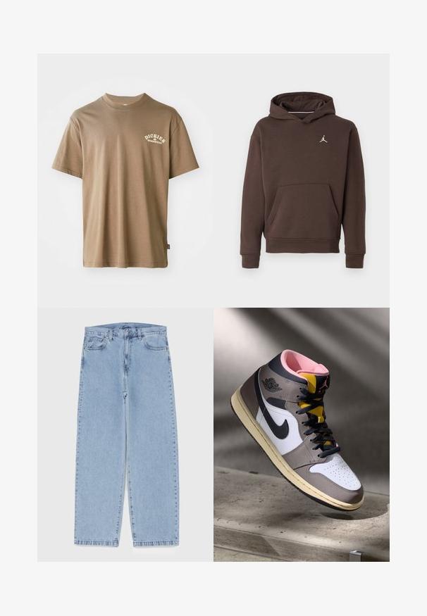 Hnědá mikina s kapucí a přední kapsou typu "klokan" s malým bílým logem Jumpman na hrudi.; Hnědé bavlněné tričko s kulatým výstřihem, krátkými rukávy a bílým logem s nápisem "Dickies Workwear" na levé části hrudi.; Světle modré džíny s rovnými nohavicemi, středním pasem, pěti kapsami a zapínáním na knoflík a zip.; Bílé, šedé a černé vysoké tenisky Nike Air Jordan s růžovým interiérem a žlutým jazykem, umístěné na betonovém povrchu.
