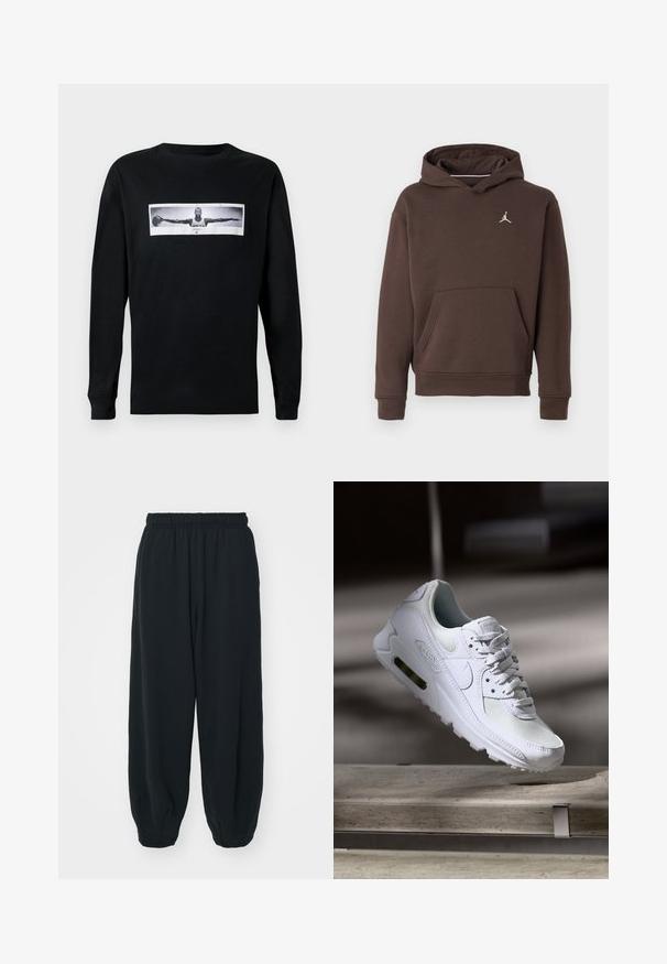 Brun hettegenser med frontlomme og liten hvit Jumpman-logo på brystet.; Svart langermet t-skjorte med frontgrafikk som viser en figur i et svart-hvitt bilde med utstrakte armer; rund hals-design.; Sorte, joggebukser med elastisk liv, løs passform, mansjetter på ankler, glatt tekstur og uten synlige mønstre eller hardware-detaljer.; Hvit Nike Air Max 90 sneakers med øvre del laget av mesh og skinn, perforert tåboks og en synlig luftenhet i hælen.
