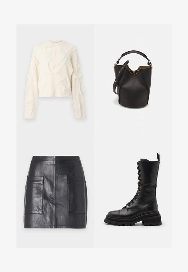Witte cropped trui met gestructureerde rafelige ontwerpen, lange mouwen en een geribde ronde hals. Zacht materiaal met een unieke, gelaagde uitstraling.; Zwarte leren mini rok met twee zijzakken, een soepele textuur, een aansluitend ontwerp en strakke lijnen zonder extra versieringen.; Zadig & Voltaire RIDE SEMY SHINY - Plateaulaarzen - noir; Zwarte leren emmer tas met een gestructureerde afwerking, gouden hardware accenten en een open bovenkant. Heeft een korte handgreep en een verstelbare schouderriem.