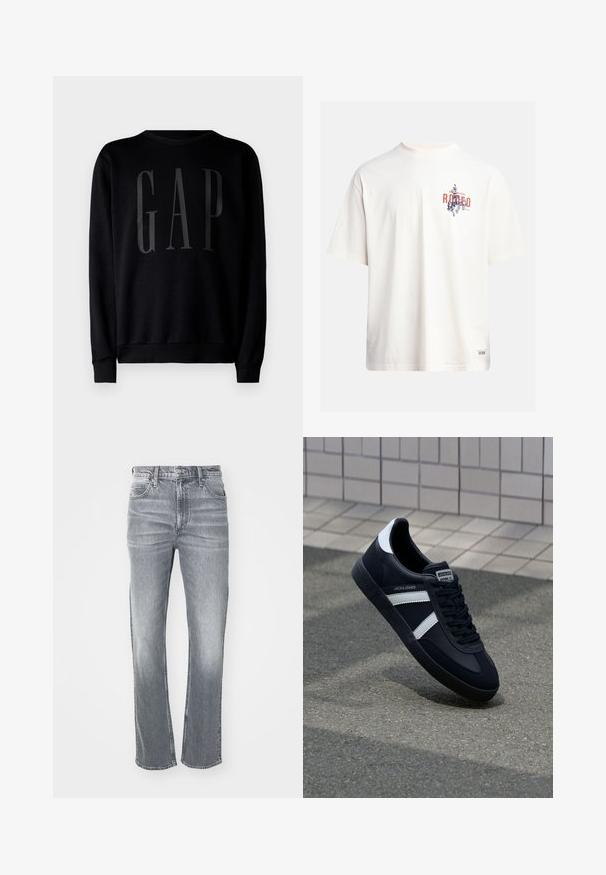 GAP Pusa - black; Kreemikollane puuvillane T-särk lühikeste varrukatega ja ümara kaelusega. Omab sinist ja punast graafilist trükist, millel on tekst ja motiiv.; Hallid hallid denim püksid sirge lõikega, millel on klassikaline viie tasku disain, vöökohaga aasad ja peen elamine tekstuuri jaoks.; Must have musta sneaker musta valgete triipudega, tekstuurne kummitald ja nööridega esiosa. Omab bränditud märki keele peal.