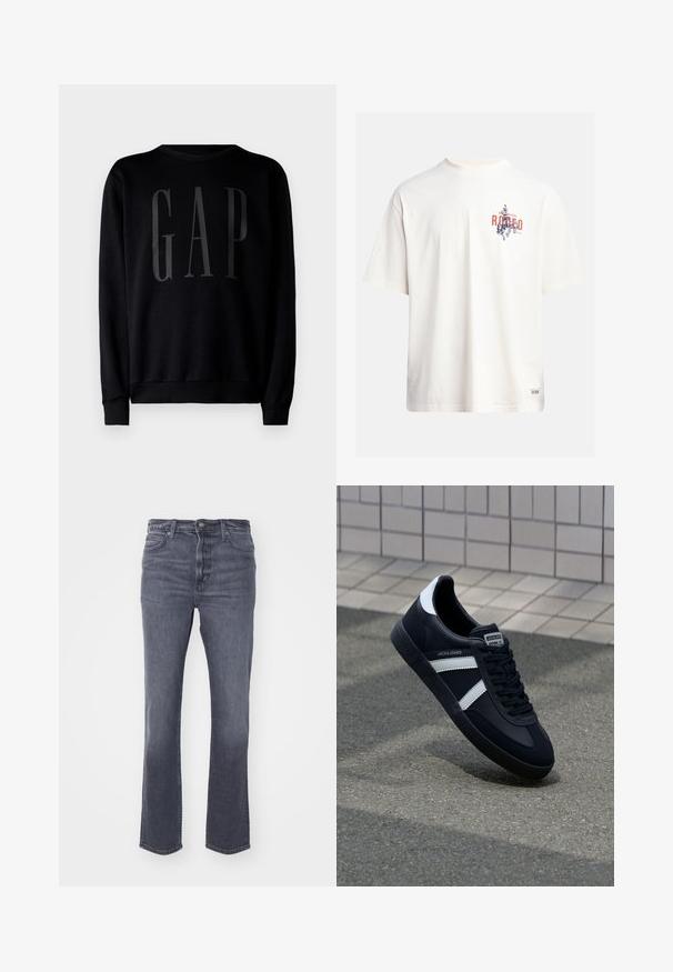 GAP Pusa - black; Kreemikollane puuvillane T-särk lühikeste varrukatega ja ümara kaelusega. Omab sinist ja punast graafilist trükist, millel on tekst ja motiiv.; Hallide denim teksad sirge jalaharuga, viie taskuga disainiga, õrn fade efektiga, nööbi ja tõmbluku sulgemisega ning klassikalise vöökohaga.; Must have musta sneaker musta valgete triipudega, tekstuurne kummitald ja nööridega esiosa. Omab bränditud märki keele peal.