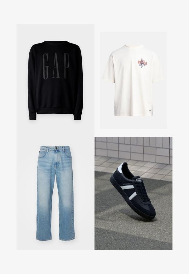 GAP Mikina - black; Krémové bavlněné tričko s krátkými rukávy a kulatým výstřihem. Obsahuje grafický potisk v modré a červené barvě s textem a motivem.; Svetle modré džíny rovného střihu s předními kapsami, poutky na opasek a knoflíkovým zapínáním.; Černé kožené tenisky s bílými pruhy, texturovanou gumovou podrážkou a šněrováním vpředu. Obsahují značenou etiketu na jazyku.
