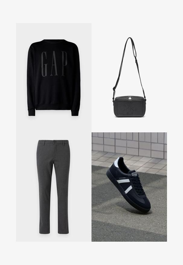 GAP Mikina - black; Šedé padnoucí kalhoty s jemnou texturou, rovný střih, přední zapínání na knoflík a standardní kapsy po stranách a vzadu.; Černé kožené tenisky s bílými pruhy, texturovanou gumovou podrážkou a šněrováním vpředu. Obsahují značenou etiketu na jazyku.; Černá kožená taška přes rameno s uzávěrem na zip, vyraženým logem na přední straně a nastavitelným popruhem. Hladký povrch s obdélníkovým tvarem.