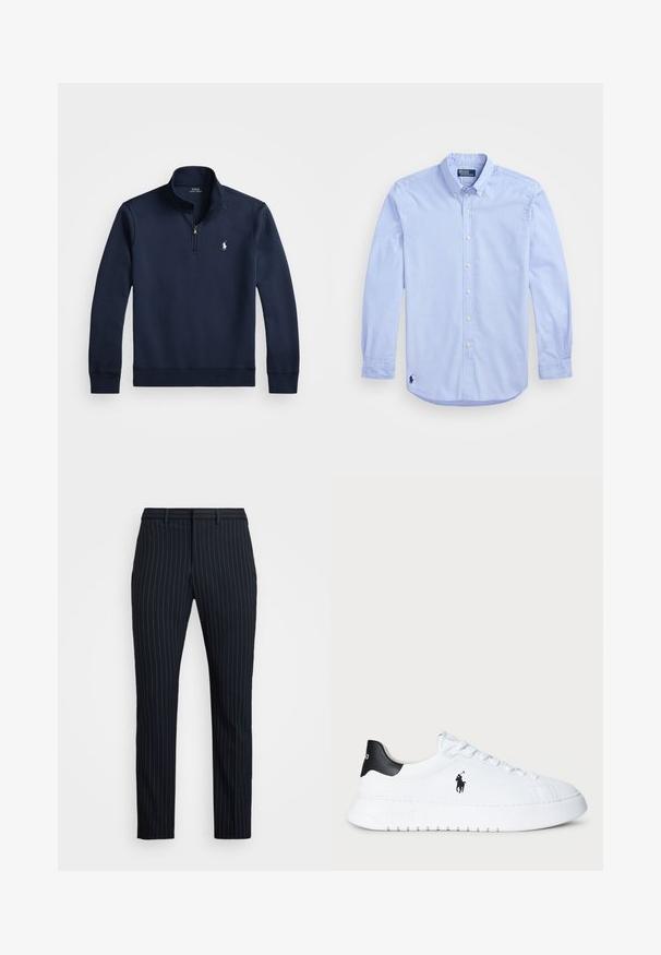 Sötétkék pulóver, negyedcipzárral, sima anyagból készült. Kis fehér logó található a mellkason, valamint bordázott mandzsetták.; Világoskék, hosszú ujjú, gombos ing, gombos gallérral és sötét hímzett logóval az alsó bal elülső részen.; Sötétkék csíkos nadrág, slim fit szabással, sima elülső résszel, övhurkokkal és sima textúrával. Precíz szabás, letisztult megjelenéssel.; Fehér alacsony szárú sportcipő fekete saroktabbal és fekete Polo Ralph Lauren logóval az oldalon, fehér fűzőkkel és vastag gumitalppal.