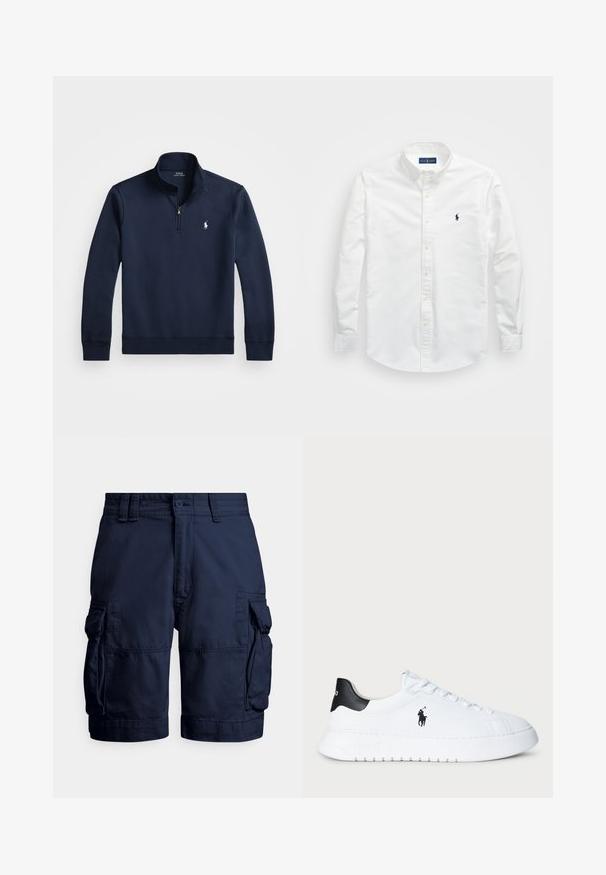 Suéter de color azul marino con media cremallera, hecho de una tela suave. Presenta un pequeño logo blanco en el pecho y puños acanalados.; Camisa blanca de botones hecha de algodón. Presenta un collar puntiagudo, mangas largas y un pequeño logo en color marino en el pecho. Textura suave.; Pantalones cortos cargo azul marino hechos de tela resistente, con bolsillos laterales, cierre de botón y detalles cosidos para dar textura.; Zapatilla baja blanca con talón negro y logo negro de Polo Ralph Lauren en el lateral, con cordones blancos y suela de goma gruesa.
