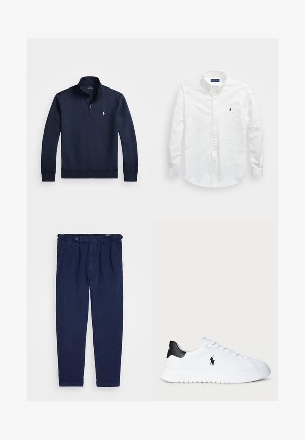 Suéter azul marinho com um fecho de zíper até um quarto, feito de um tecido suave. Apresenta um pequeno logótipo branco no peito e punhos canelados.; Camisa branca de botão, feita de algodão. Apresenta um colarinho pontudo, mangas longas e um pequeno logótipo azul-marinho no peito. Textura suave.; Chinos azul-marinho feitos de algodão, com corte reto, pregas frontais, fecho de botão e punhos enrolados. Textura suave com design minimalista.; Sapatilhas brancas de cano baixo com tabuleiro de calcanhar preto e logótipo da Polo Ralph Lauren em preto na lateral, apresentando atacadores brancos e sola de borracha grossa.
