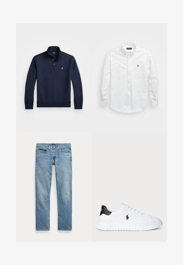 Granatowy sweter z półkołnierzem, wykonany z gładkiego materiału. Posiada małe białe logo na piersi oraz prążkowane mankiety.; Biała koszula z długim rękawem, wykonana z bawełny. Posiada wyrazisty kołnierzyk, długie rękawy oraz małe granatowe logo na klatce piersiowej. Gładka faktura.; Jasnoniebieskie dżinsy o prostym kroju nogawki, z zapięciem na guziki, pięcioma kieszeniami i delikatnym przetarciem dla uzyskania tekstury.; Białe niskie trampki z czarnym futerkiem na pięcie i czarnym logo Polo Ralph Lauren z boku, z białymi sznurówkami i grubą gumową podeszwą.