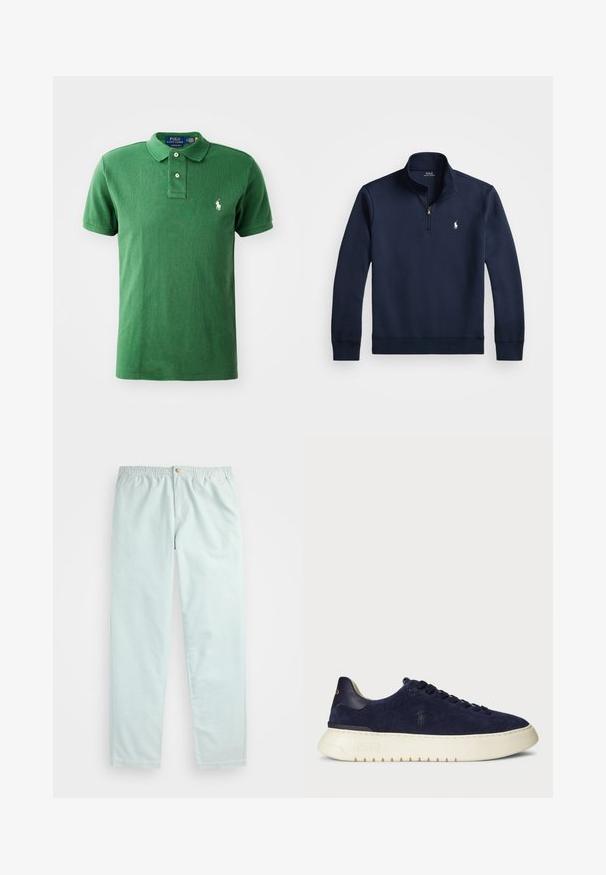 Suéter azul marinho com um fecho de zíper até um quarto, feito de um tecido suave. Apresenta um pequeno logótipo branco no peito e punhos canelados.; Camisa polo verde feita de algodão, com colarinho, três botões e um pequeno logótipo branco no lado esquerdo do peito. Tecido texturizado.; Calças azul claro, de corte descontraído, com um cós elástico, apresentando bolsos laterais e um fecho de botão único na frente.; Sapatilha baixa em camurça azul-marinho com uma superfície texturizada, sola de borracha e atacadores tonais, apresentando um pequeno logótipo de lado e no calcanhar.