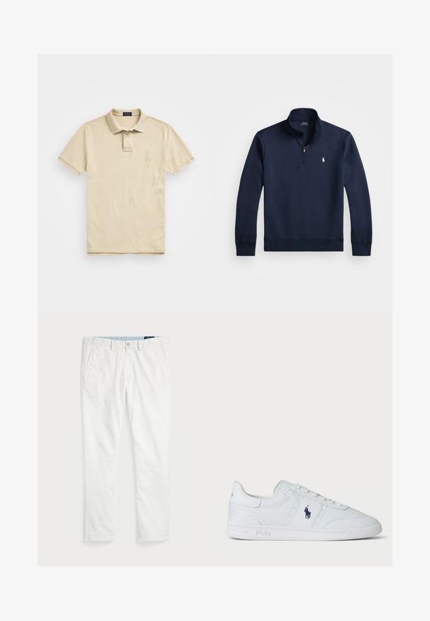 Mörkblå tröja med ståkrage, tillverkad av ett slätt tyg. Har en liten vit logotyp på bröstet och ribbade ärmslut.; Beige pikétröja i bomull, med krage och tre knappar, korta ärmar och en broderad logotyp på vänster bröst. Slät textur.; Vita chinos i bomull, med platt front, bältesögglor, två sidofickor och en bakficka. Slät textur med rak benstil.; Vit lädersneaker med en slät yta, som har snörning, en marinblå logotyp på sidan och en slitstark gummisula.