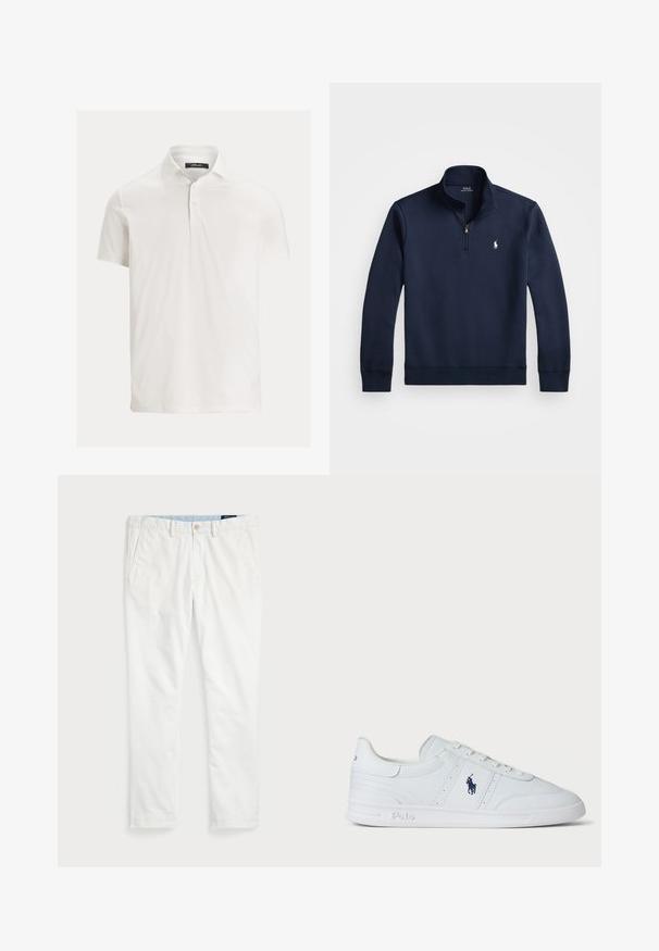 Σκούρο μπλε πουλόβερ με φερμουάρ ενός τετάρτου, φτιαγμένο από ένα μαλακό υλικό. Διαθέτει ένα μικρό λευκό λογότυπο στο στήθος και ριμπ μανσέτες.; Λευκό κοντομάνικο πόλο μπλουζάκι με γιακά και πλάκα με δύο κουμπιά, απεικονιζόμενο σε απλό φωτεινό φόντο.; Λευκά chinos από βαμβάκι, με επίπεδο μπροστινό μέρος, θηλιές ζώνης, δύο πλαϊνές τσέπες και μία πίσω τσέπη. Λείος υφασμάτινος χαρακτήρας με ίσια γραμμή.; Λευκό δερμάτινο αθλητικό παπούτσι με λεία υφή, που διαθέτει κορδόνια κλεισίματος, ναυτικό λογότυπο στο πλάι και ανθεκτική καουτσούκ σόλα.