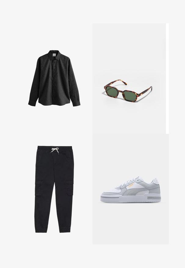 Beige Kapuzenpullover mit einem großen Grafikdesign auf dem Rücken, das blaue und lila Schmetterlinge sowie stilisierte Schriftzüge zeigt. Verstellbare Kapuze und gerippte Bündchen.; Schwarzes Langarmhemd mit dezentem Muster, durchgeknöpftem Vorderteil und Kragen. Der Stoff wirkt glatt und leicht.; Schwarze Cargo-Hosen aus Baumwolle mit einem elastischen Bund und Kordelzug, seitlichen Taschen und schmal zulaufenden Bündchen.; Graue und weiße Sneaker mit einem Obermaterial aus glattem Leder, perforierter Zehenpartie, Schnürverschluss, strukturierten Akzenten und einem dezenten goldenen Logo.; Schildpatt-Sonnenbrille mit grünen Gläsern, in einer achteckigen Form und schlanken, gebogenen Bügeln. Das Material hat eine glänzende Oberfläche.