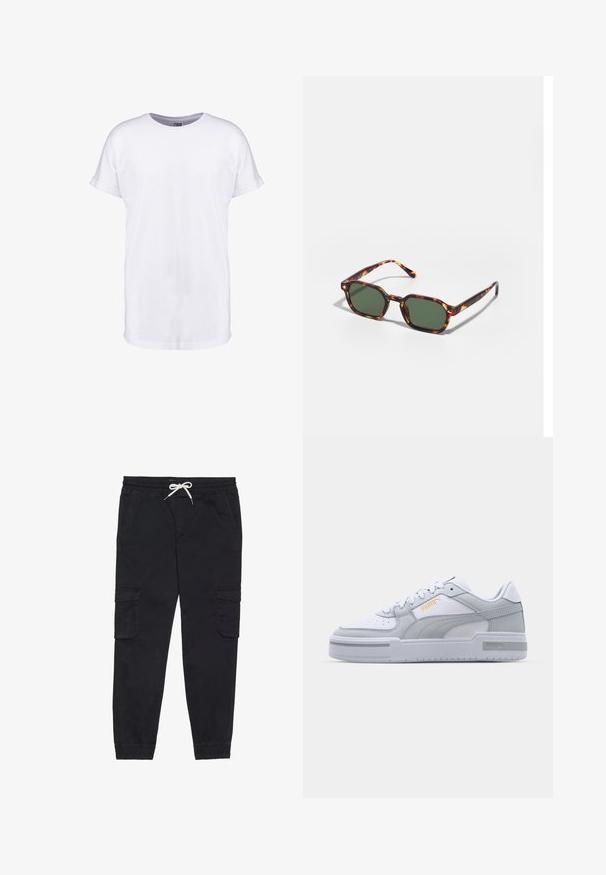 Beige mikina s kapucí s velkým potiskem na zadní straně, na kterém jsou modré a fialové motýlí vzory a stylizovaný text. Nastavitelná kapuce a vroubkované manžety.; Bílá bavlněná tričko s krátkým rukávem, kulatým výstřihem a volným střihem. Hladká textura a žádné viditelné vzory nebo designy.; Černé cargo kalhoty vyrobené z bavlny, s elastickým pasem na šňůrku, bočními kapsami a zúženými manžetami.; Šedé a bílé tenisky s hladkým koženým svrškem, perforovanou špičkou, šněrováním, texturovanými akcenty a jemným zlatým logem.; Kočičí brýle v barvě želvoviny se zelenými skly, s osmiúhelníkovým tvarem a úzkými, zakřivenými stranami. Materiál má lesklý povrch.