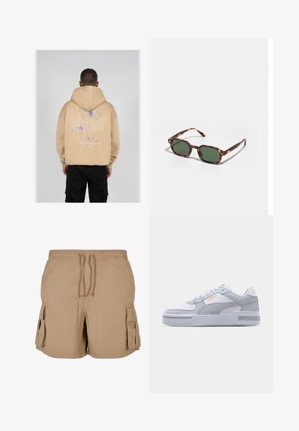 Bežinė hoodie su dideliu grafiniu piešiniu ant nugaros, kuriame yra mėlynų ir purpurinių drugelių dizainų bei stilizuotas tekstas. Reguliuojama kapučio dalis ir briaunoti rankogaliai.; Šviesiai rudos spalvos cargo šortai, pagaminti iš lengvos medžiagos, su raišteliu liemenyje, dviem šoninėm kišenėm ir dviem cargo kišenėm. Paprastas, utilitarinis dizainas.; Pilkomis ir baltos sportbačiai su lygaus odos paviršiumi, perforuota koja, raištelių užsegimu, tekstūriniais akcentais ir subtiliu auksiniu logotipu.; Žvyneliai akiniai nuo saulės su žaliais lęšiais, turintys aštuonkampį formos ir plonas, lenktas šakeles. Medžiaga turi blizgų paviršių.