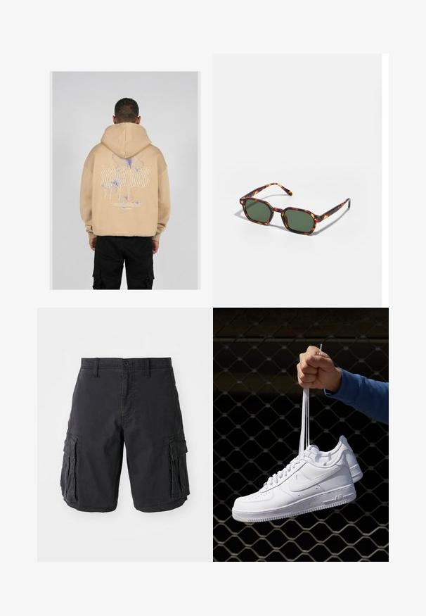 Haut à capuche beige avec un grand motif au dos comportant des dessins de papillons bleus et violets ainsi qu'un texte stylisé. Capuche ajustable et poignets côtelés.; Shorts cargo noirs en coton, dotés de plusieurs poches latérales, d'une fermeture à bouton et d'une coupe décontractée. Texture lisse et coutures robustes.; Baskets en cuir blanc avec perforations, à bout rond, semelle plate et lacets épais, arborant un logo swoosh visible et "AIR" sur le talon.; Lunettes de soleil en écaille de tortue avec des verres verts, présentant une forme octogonale et des branches minces et courbées. Le matériau a une finition brillante.