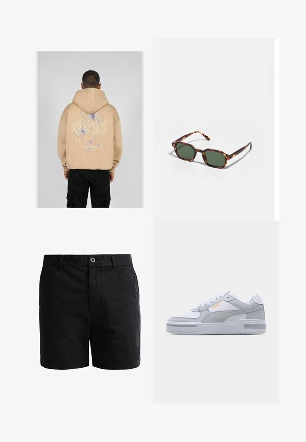 Beige Kapuzenpullover mit einem großen Grafikdesign auf dem Rücken, das blaue und lila Schmetterlinge sowie stilisierte Schriftzüge zeigt. Verstellbare Kapuze und gerippte Bündchen.; Schwarze Baumwollshorts mit glatter Textur, Knopfverschluss und umgeschlagenen Säumen. Verfügt über Gürtelschlaufen und Vorderaschen für praktische Anwendungen.; Graue und weiße Sneaker mit einem Obermaterial aus glattem Leder, perforierter Zehenpartie, Schnürverschluss, strukturierten Akzenten und einem dezenten goldenen Logo.; Schildpatt-Sonnenbrille mit grünen Gläsern, in einer achteckigen Form und schlanken, gebogenen Bügeln. Das Material hat eine glänzende Oberfläche.