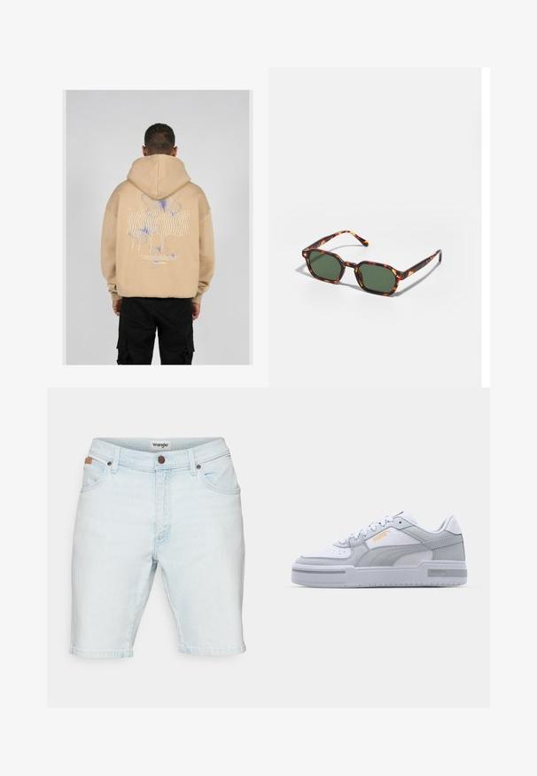 Sudadera beige con un gran gráfico en la parte posterior que presenta diseños de mariposas en azul y púrpura junto con texto estilizado. Capucha ajustable y puños acanalados.; Pantalones cortos de mezclilla azul claro con un corte clásico, que cuentan con cinco bolsillos, una cremallera en la bragueta y un parche de cuero con marca en la cinturilla.; Zapatillas gris y blanco con parte superior de cuero suave, puntera perforada, cierre de cordones, acentos texturizados y un sutil logo dorado.; Gafas de sol carey con lentes verdes, de forma octagonal y con patillas delgadas y curvas. El material tiene un acabado brillante.