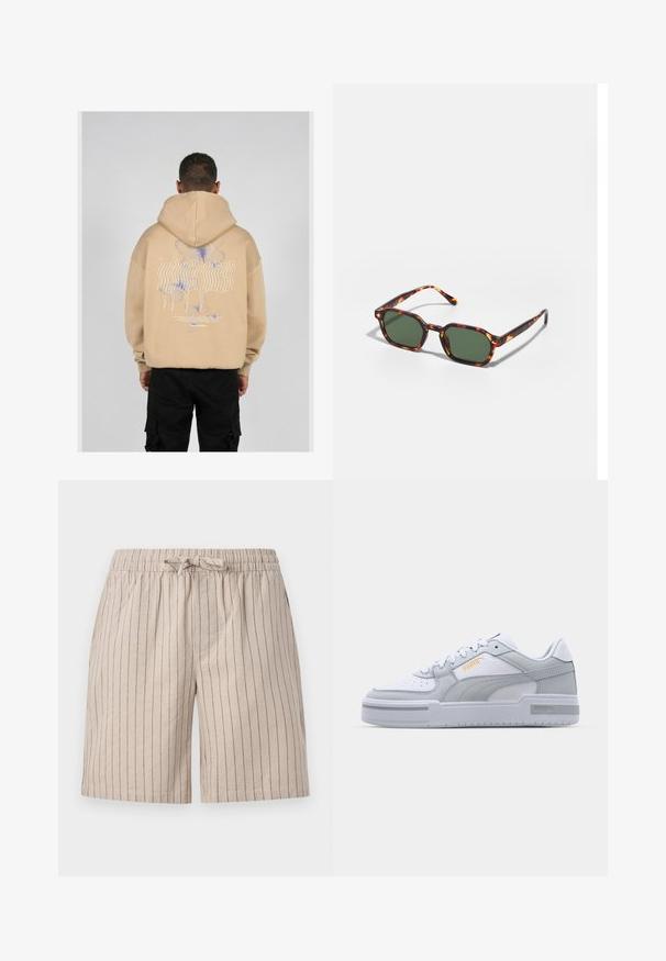 Beige Kapuzenpullover mit einem großen Grafikdesign auf dem Rücken, das blaue und lila Schmetterlinge sowie stilisierte Schriftzüge zeigt. Verstellbare Kapuze und gerippte Bündchen.; Beige gestreifte Shorts aus leichtem Stoff. Verfügt über einen elastischen Bund mit Kordelzug und seitlichen Taschen. Vertikale Streifen im Detail.; Graue und weiße Sneaker mit einem Obermaterial aus glattem Leder, perforierter Zehenpartie, Schnürverschluss, strukturierten Akzenten und einem dezenten goldenen Logo.; Schildpatt-Sonnenbrille mit grünen Gläsern, in einer achteckigen Form und schlanken, gebogenen Bügeln. Das Material hat eine glänzende Oberfläche.