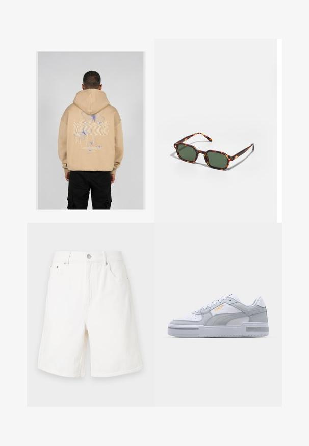 Beige mikina s kapucí s velkým potiskem na zadní straně, na kterém jsou modré a fialové motýlí vzory a stylizovaný text. Nastavitelná kapuce a vroubkované manžety.; Bílé denimové šortky se rovný střih, pěti kapsami a stříbrným zapínáním na knoflík. Mají pevnou strukturu a obroubené lemy.; Šedé a bílé tenisky s hladkým koženým svrškem, perforovanou špičkou, šněrováním, texturovanými akcenty a jemným zlatým logem.; Kočičí brýle v barvě želvoviny se zelenými skly, s osmiúhelníkovým tvarem a úzkými, zakřivenými stranami. Materiál má lesklý povrch.