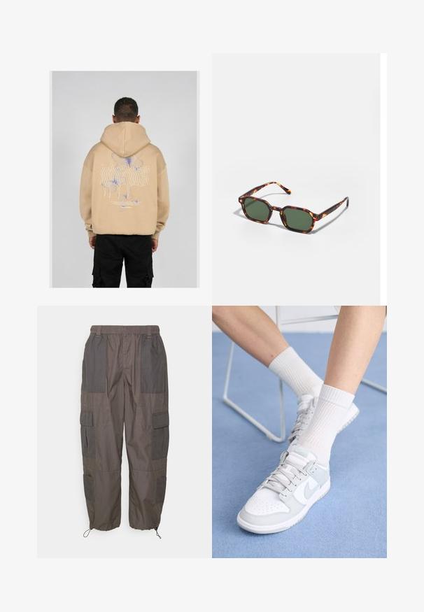 Beżowa bluza z kapturem z dużą grafiką na plecach, przedstawiającą niebieskie i fioletowe motyle oraz stylizowany tekst. Regulowany kaptur i ściągacze przy mankietach.; Pier One Bojówki; Białe sneakersy z jasnoniebieskimi akcentami, skórzana cholewka, perforowany czubek, grube sznurowadła i żeberkowe białe skarpetki na niebieskim tle.; Okulary przeciwsłoneczne w kolorze żółwim z zielonymi soczewkami, o ośmiokątnym kształcie i cienkich, zakrzywionych ramionach. Materiał ma błyszczące wykończenie.
