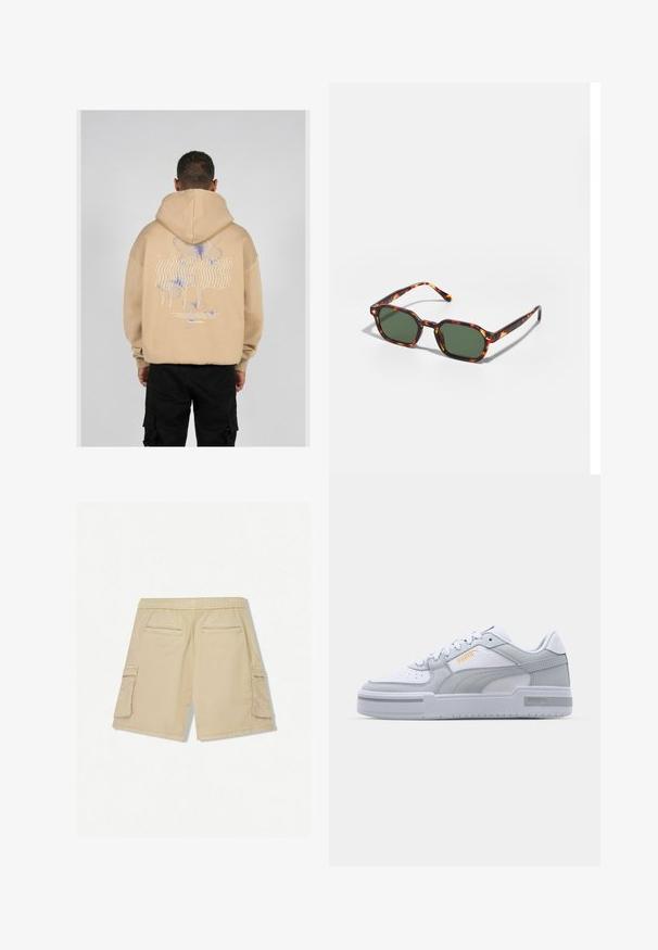 Beige mikina s kapucí s velkým potiskem na zadní straně, na kterém jsou modré a fialové motýlí vzory a stylizovaný text. Nastavitelná kapuce a vroubkované manžety.; Beige cargo šortky s elastickým pasem, dvěma zadními kapsami a bočními cargo kapsami. Měkká tkanina s hladkou texturou.; Šedé a bílé tenisky s hladkým koženým svrškem, perforovanou špičkou, šněrováním, texturovanými akcenty a jemným zlatým logem.; Kočičí brýle v barvě želvoviny se zelenými skly, s osmiúhelníkovým tvarem a úzkými, zakřivenými stranami. Materiál má lesklý povrch.