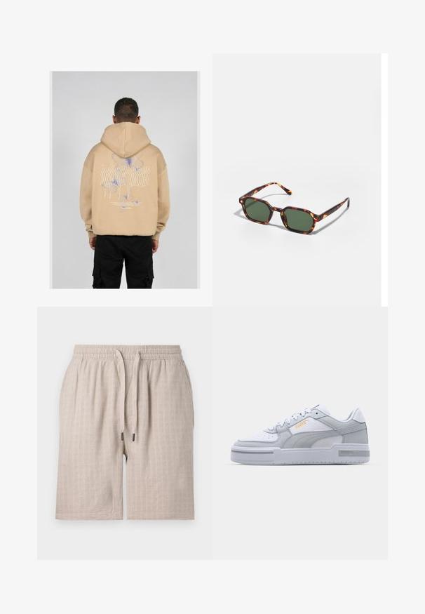 Beige Kapuzenpullover mit einem großen Grafikdesign auf dem Rücken, das blaue und lila Schmetterlinge sowie stilisierte Schriftzüge zeigt. Verstellbare Kapuze und gerippte Bündchen.; Beige, strukturierte Shorts mit elastischem Bund und Kordelzug. Mit einem dezenten Karomuster und lockerer Passform. Keine sichtbaren Taschen.; Graue und weiße Sneaker mit einem Obermaterial aus glattem Leder, perforierter Zehenpartie, Schnürverschluss, strukturierten Akzenten und einem dezenten goldenen Logo.; Schildpatt-Sonnenbrille mit grünen Gläsern, in einer achteckigen Form und schlanken, gebogenen Bügeln. Das Material hat eine glänzende Oberfläche.