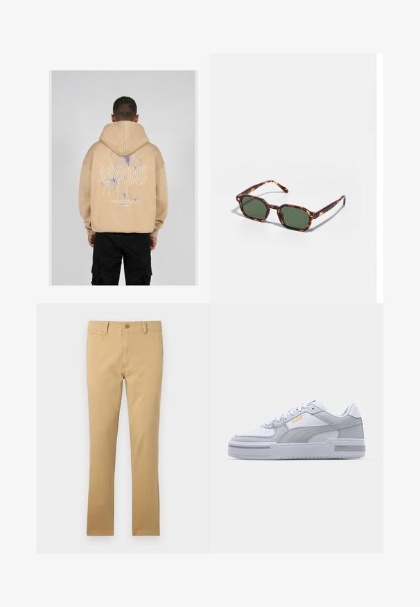 Beživa dukserica sa velikim grafičkim motivom na leđima s plavim i ljubičastim dizajnom leptira i stilizovanim tekstom. Podesiva kapuljača i rebrasti manžeti.; Khaaki hlače od pamuka s ravnim nogavicama, prednjim džepovima, kopčanjem na gumb i suptilnom teksturom tkanine.; Sive i bijeli tenisice s glatkom kožom na gornjem dijelu, perforiranim vrhom, vezanjem, teksturiranim detaljima i suptilnim zlatnim logom.; Tortoiseshell sunčane naočale s zelenim lećama, sa osmerokutnim oblikom i tankim, zakrivljenim drškama. Materijal ima sjajnu završnu obradu.