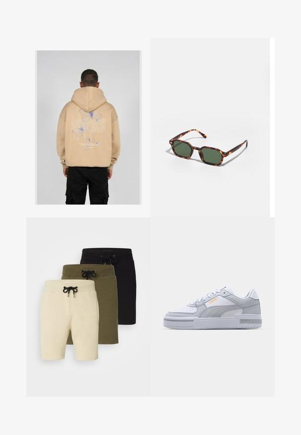 Bežinė hoodie su dideliu grafiniu piešiniu ant nugaros, kuriame yra mėlynų ir purpurinių drugelių dizainų bei stilizuotas tekstas. Reguliuojama kapučio dalis ir briaunoti rankogaliai.; Trys šortų poros: smėlio, alyvuogių žalia ir juoda. Kiekvieni turi raištelį juosmens dalyje ir kišenes, pagaminti iš švelnaus, elastingo audinio.; Pilkomis ir baltos sportbačiai su lygaus odos paviršiumi, perforuota koja, raištelių užsegimu, tekstūriniais akcentais ir subtiliu auksiniu logotipu.; Žvyneliai akiniai nuo saulės su žaliais lęšiais, turintys aštuonkampį formos ir plonas, lenktas šakeles. Medžiaga turi blizgų paviršių.; Matinique Fuliaras - off white