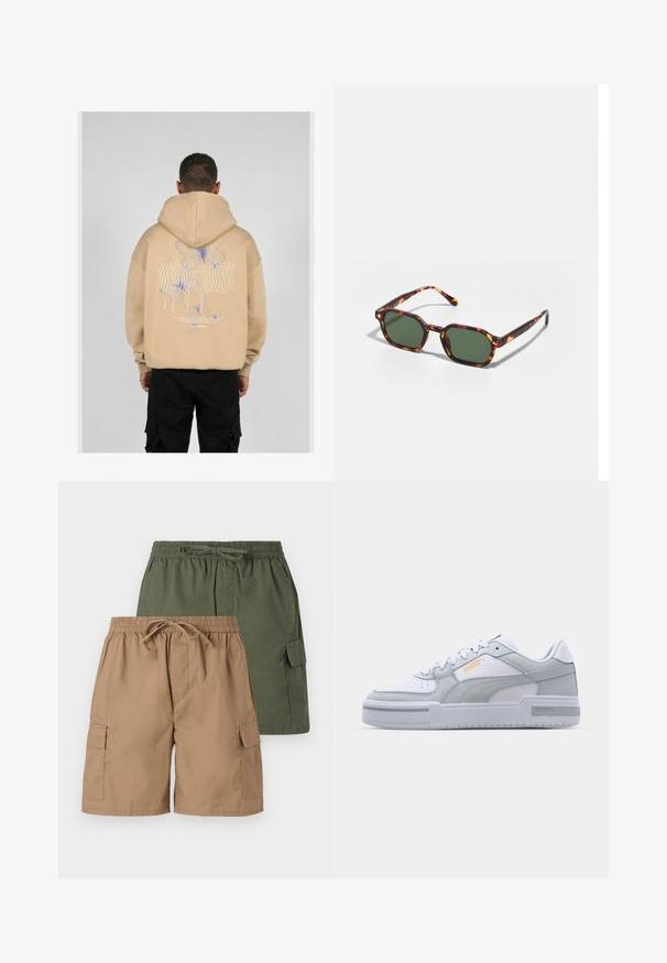 Felpa beige con cappuccio caratterizzata da una grande grafica sul retro con disegni di farfalle blu e viola e testo stilizzato. Cappuccio regolabile e polsini a coste.; Due paia di pantaloni cargo; uno khaki e uno verde. Ognuno ha un cinturino elastico, cordoncino e tasche laterali. Tessuto con texture liscia.; Sneaker grigie e bianche con tomaia in pelle liscia, punta perforata, chiusura con lacci, dettagli testurizzati e un sottile logo dorato.; Occhiali da sole tartarugati con lenti verdi, dotati di una forma ottagonale e bracci sottili e curvi. Il materiale ha una finitura lucida.