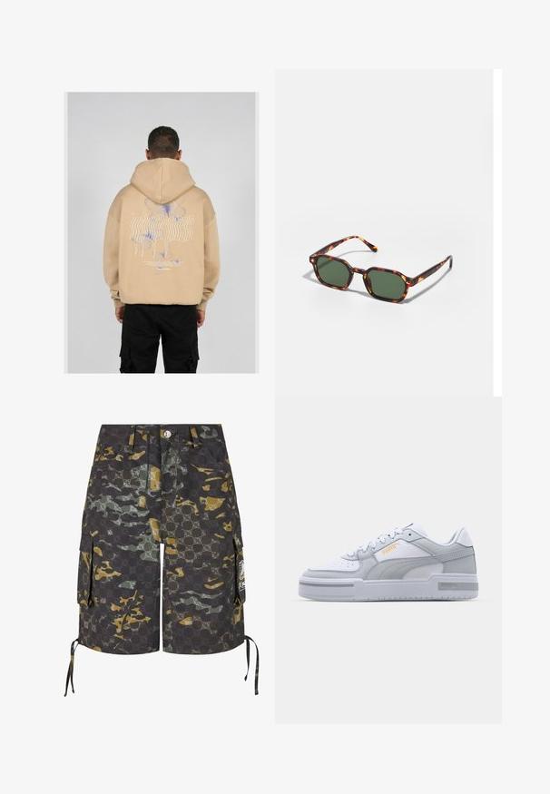 Beige hoodie med en stor grafik på baksidan med blå och lila fjärilsdesigns och stiliserad text. Justerbar huva och ribbade ärmslut.; Cargo shorts i kamouflage tyg med mönster i mörkgrått, grönt och gult. Inkluderar sidofickor och justerbara snoddar.; Grå och vita sneakers med överdel i slätt läder, perforerad tå, snörning, texturerade accenter och en subtil guldlogga.; Sköldpaddsbeslag av solglasögon med gröna linser, vinklade i en oktagonal form och med smala, böjda skalmar. Materialet har en glansig yta.