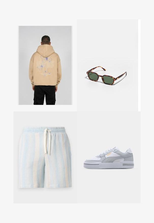 Beige hoodie featuring a large graphic on the back with blue and purple butterfly designs and stylized text. Adjustable hood and ribbed cuffs.; Lightweight, textured shorts with a blue and white striped pattern. Features an elastic waistband and a drawstring closure.; Gray and white sneakers with smooth leather upper, perforated toe, lace-up closure, textured accents, and a subtle gold logo.; Tortoiseshell sunglasses with green lenses, featuring an octagonal shape and slim, curved arms. Material has a glossy finish.