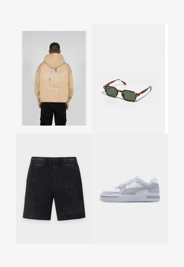 Beige hoodie med en stor grafik på baksidan med blå och lila fjärilsdesigns och stiliserad text. Justerbar huva och ribbade ärmslut.; Svarta shorts med en blekt textur, elastisk midja och rak passform. Inga fickor eller utsmyckningar syns.; Grå och vita sneakers med överdel i slätt läder, perforerad tå, snörning, texturerade accenter och en subtil guldlogga.; Sköldpaddsbeslag av solglasögon med gröna linser, vinklade i en oktagonal form och med smala, böjda skalmar. Materialet har en glansig yta.