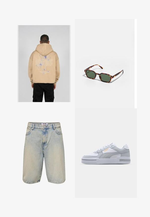 Beige hoodie met een grote grafische afbeelding op de rug met blauwe en paarse vlinderontwerpen en gestileerde tekst. Verstelbare capuchon en geribbelde manchetten.; Lichtblauwe denim shorts met een vervaagde wassing, een knoopsluiting, vijf zakken en gestikte accenten langs de zoom en de rand van de zakken.; Grijze en witte sneakers met een glad leren bovenkant, geperforeerde neus, vetersluiting, getextureerde accenten en een subtiele gouden logo.; Tortoiseshell zonnebrillen met groene glazen, met een octagonaal formaat en slanke, gebogen armen. Materiaal heeft een glanzende afwerking.
