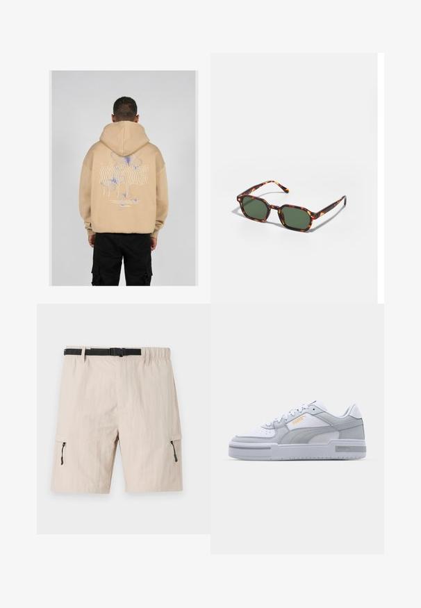 Beživa dukserica sa velikim grafičkim motivom na leđima s plavim i ljubičastim dizajnom leptira i stilizovanim tekstom. Podesiva kapuljača i rebrasti manžeti.; Bež kratke hlače od cargo materijala s elastičnom trakicama u struku, podesivim crnim remenom i bočnim džepovima na zatvarač. Izrađene od laganog materijala s suptilnom teksturom.; Sive i bijeli tenisice s glatkom kožom na gornjem dijelu, perforiranim vrhom, vezanjem, teksturiranim detaljima i suptilnim zlatnim logom.; Tortoiseshell sunčane naočale s zelenim lećama, sa osmerokutnim oblikom i tankim, zakrivljenim drškama. Materijal ima sjajnu završnu obradu.
