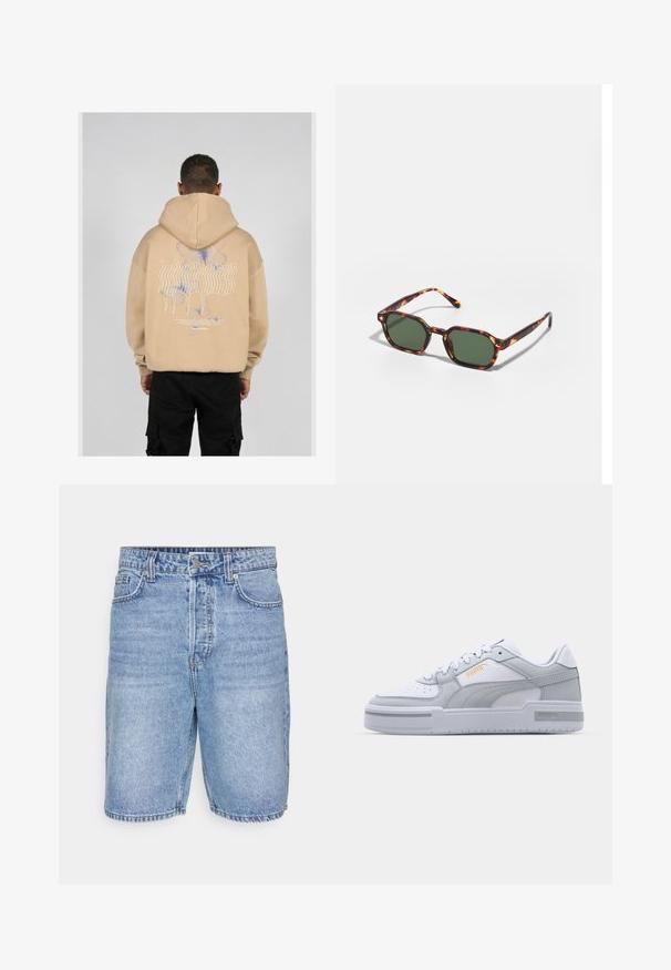 Beige kapucnis felső, amelyen nagyméretű grafika található a hátsó részen kék és lila pillangó mintákkal és stilizált szöveggel. Állítható kapucni és bordás mandzsetták.; Világoskék farmer sort, klasszikus dizájnnal, öt zsebbel, cipzáras fly-nál és látható varrással az alján.; Szürke és fehér tornacipők sima bőr felsőrésszel, perforált orral, fűzős záródással, texturált díszítéssel és egy diszkrét arany logóval.; Tortoise mintás napszemüveg zöld lencsékkel, nyolcszögletű kialakítással és vékony, ívelt karokkal. Az anyag fényes felületű.