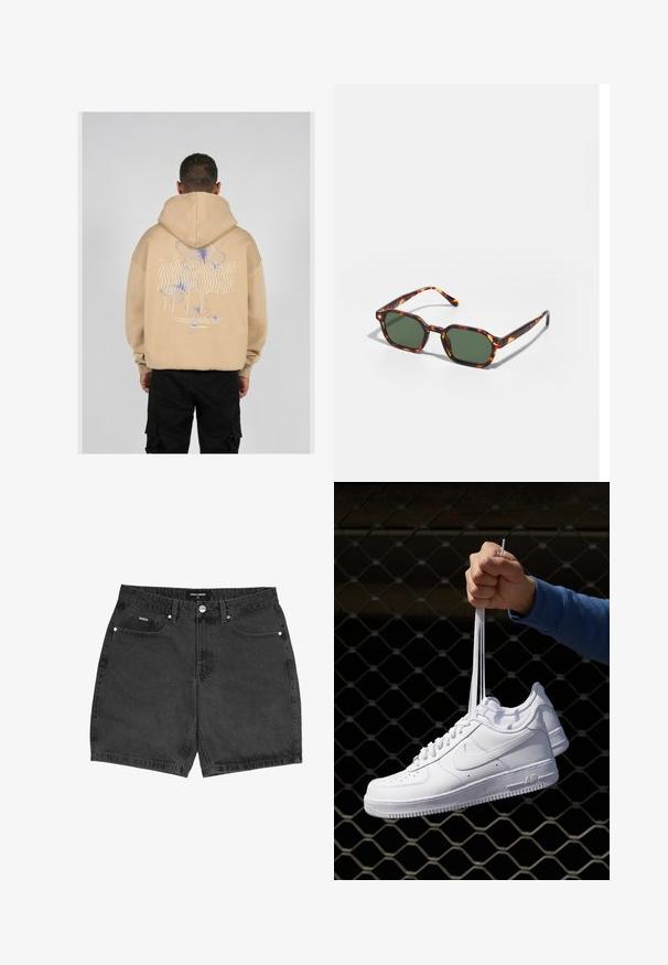 Bež kapuca s velikim grafičkim prikazom na leđima koji prikazuje plave i ljubičaste leptire te stilizirani tekst. Podesiva kapuljača i rebrasti manžeti.; Črne denim kratke hlače s ravnim krojem, petimi žepi in gumbom za zapiranje. Imajo manjše detajle šivanja in teksturirano blago.; Bela usnjena športna obutev s perforacijami, okroglo konico, ravnim podplatom in debelimi vezalkami, z vidnim logotipom smoosh in napisom "AIR" na peti.; Očalna okvir iz želvje školjke z zelenimi lečami, ki ima osemkotno obliko in tanke, zakrivljene ročke. Material ima sijajno površino.