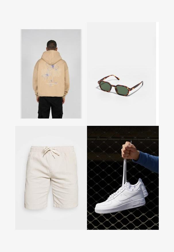 Beige mikina s kapucí s velkým potiskem na zadní straně, na kterém jsou modré a fialové motýlí vzory a stylizovaný text. Nastavitelná kapuce a vroubkované manžety.; Beige šortky vyrobené z lehké tkaniny s elastickým pasem a šňůrkou. Obsahují dvě boční kapsy a strukturovaný povrch.; Bílé kožené tenisky s perforacemi, kulatou špičkou, plochou podrážkou a silnými tkaničkami, které mají viditelné logo swoosh a nápis "AIR" na patě.; Kočičí brýle v barvě želvoviny se zelenými skly, s osmiúhelníkovým tvarem a úzkými, zakřivenými stranami. Materiál má lesklý povrch.
